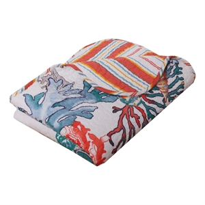 Benjara Wade 50 x 60 Quilted Throw Blanket with Fill- Corals & Seashells Design