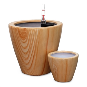 Benjara 10&quot Self Watering Planter Set of 2- Round Shaped Pot- Natural Brown