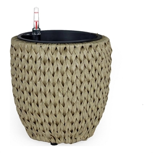 Benjara Wiki 11&quot Self Watering Planter- Handwoven Rattan Wicker- Beige