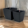 Benjara Self Watering Planter Set of 2- Handwoven Rattan Wicker- Dark Gray