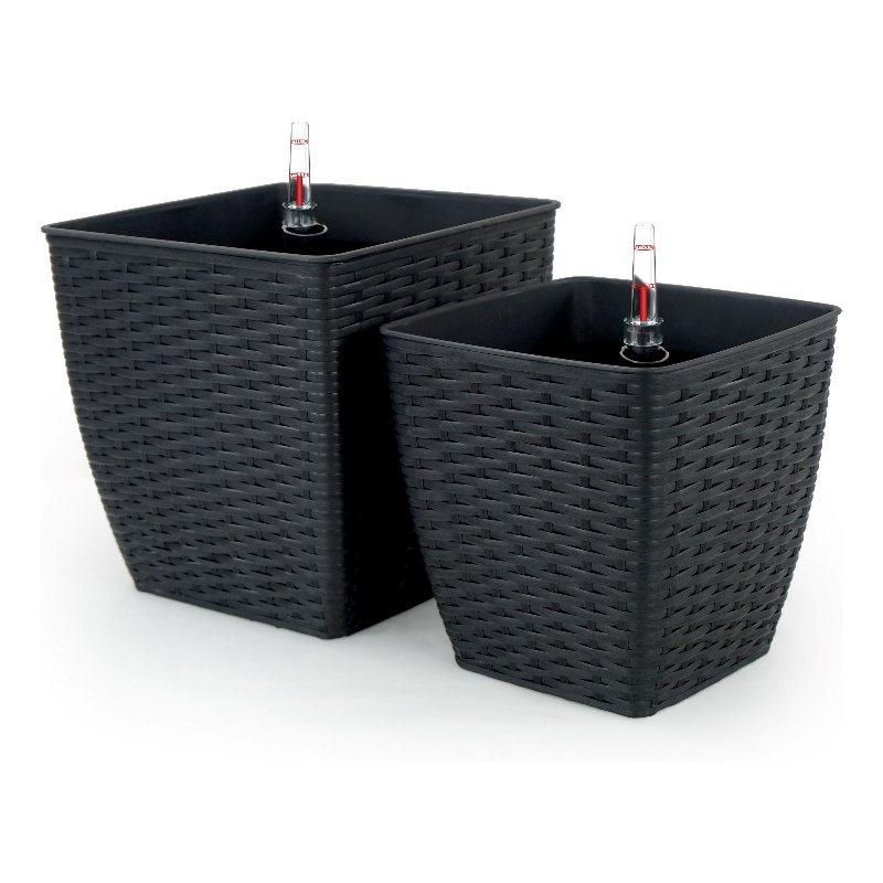 Benjara Self Watering Planter Set of 2- Handwoven Rattan Wicker- Dark Gray