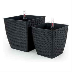 Benjara Self Watering Planter Set of 2- Handwoven Rattan Wicker- Dark Gray