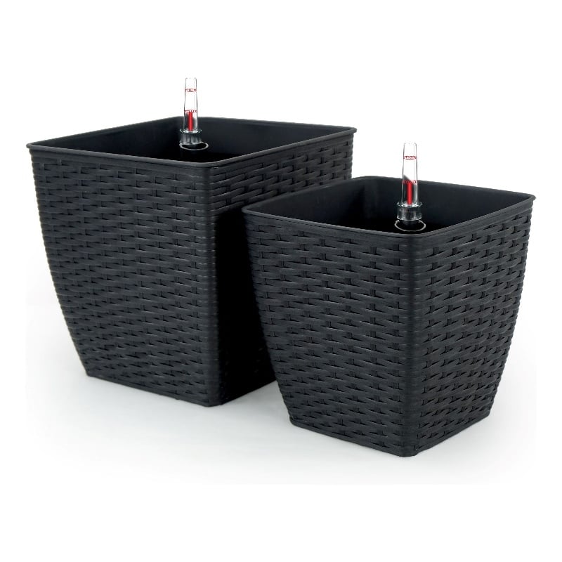 Benjara Self Watering Planter Set of 2- Handwoven Rattan Wicker- Dark Gray