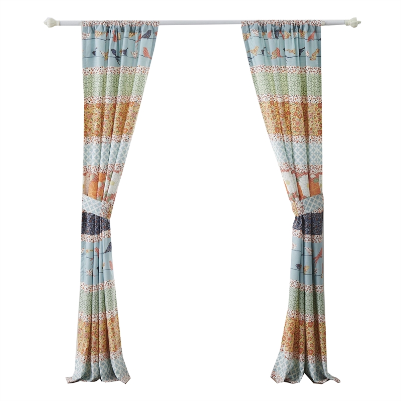 Benjara Nite Set of 2 Microfiber Window Curtains- Floral and Striped- Multicolor