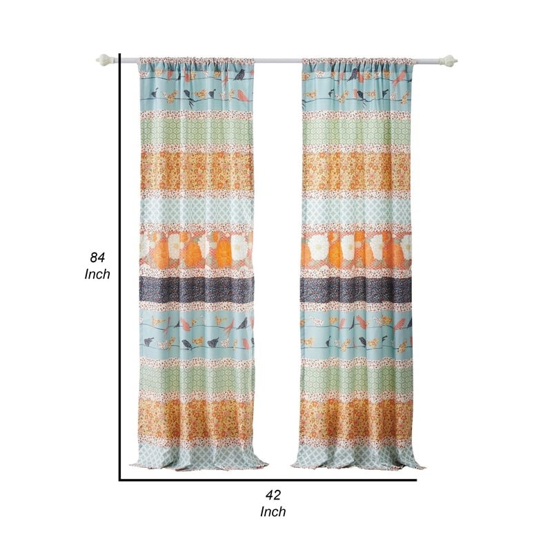 Benjara Nite Set of 2 Microfiber Window Curtains- Floral and Striped- Multicolor