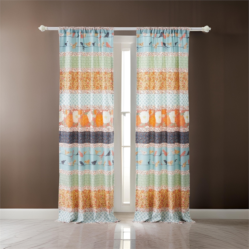 Benjara Nite Set of 2 Microfiber Window Curtains- Floral and Striped- Multicolor