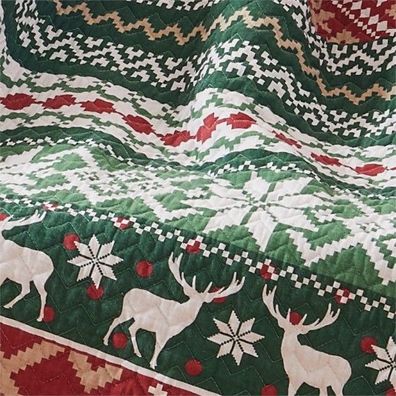 Benjara Live 50 x 60 Quilted Throw Blanket-Dutch Velvet-Winter Print-Green-Red
