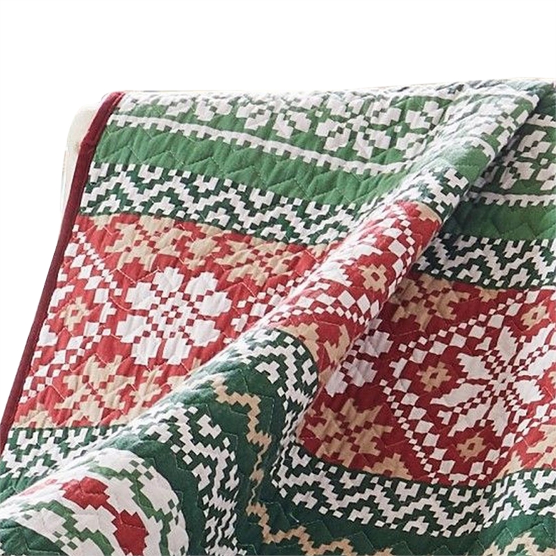 Benjara Live 50 x 60 Quilted Throw Blanket-Dutch Velvet-Winter Print-Green-Red