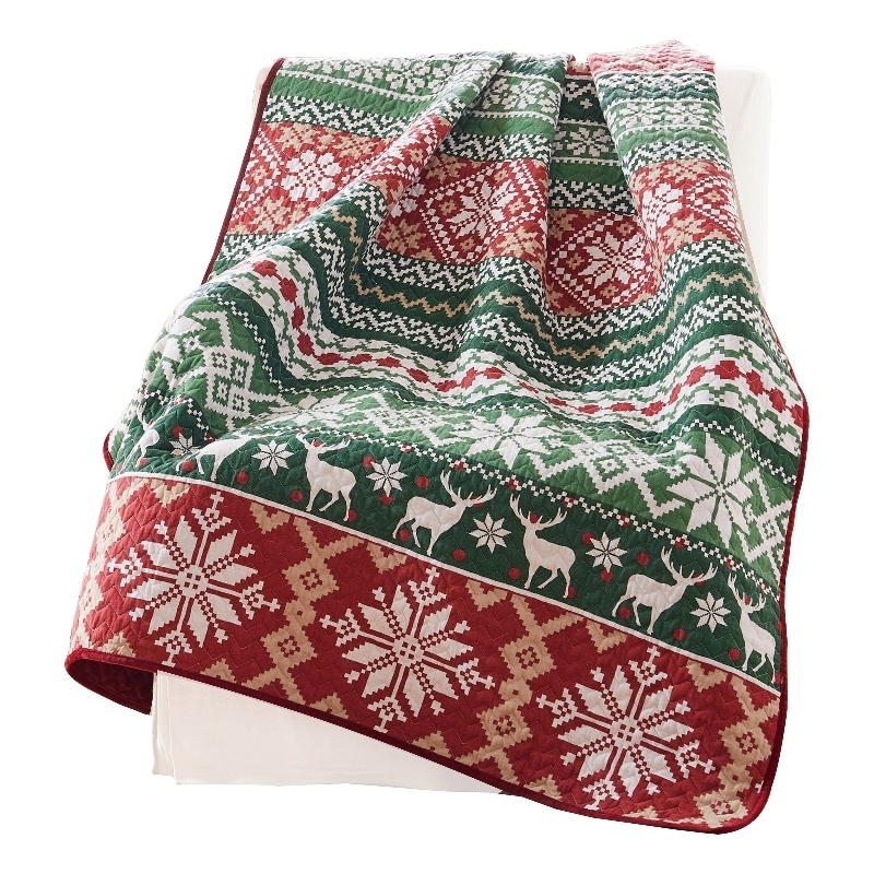 Benjara Live 50 x 60 Quilted Throw Blanket-Dutch Velvet-Winter Print-Green-Red