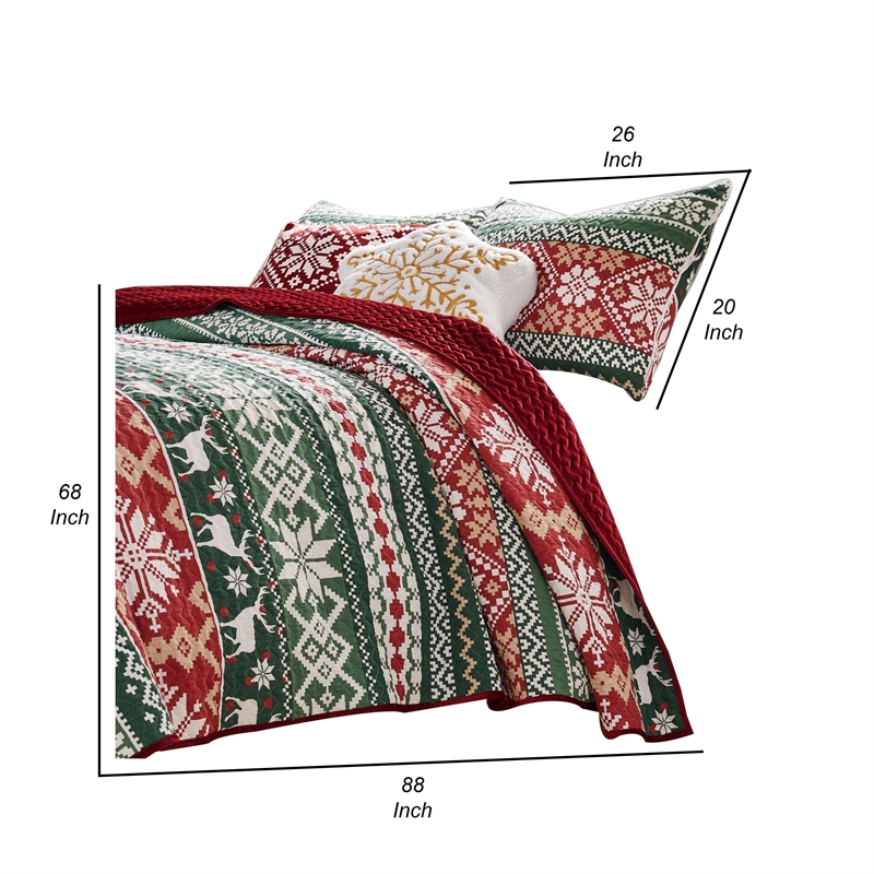 Benjara Live 3 Piece Queen Quilt Set with 2 Pillow Shams- Festive Winter Print
