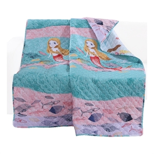 Benjara Wini 50 x 60&quot Quilted Throw Blanket with Fill- Mermaid- Blue- Pink