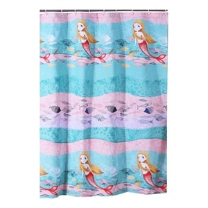 Benjara Wini 72 x 72&quot Shower Curtain- Mermaid Print- Blue- Pink Polyester