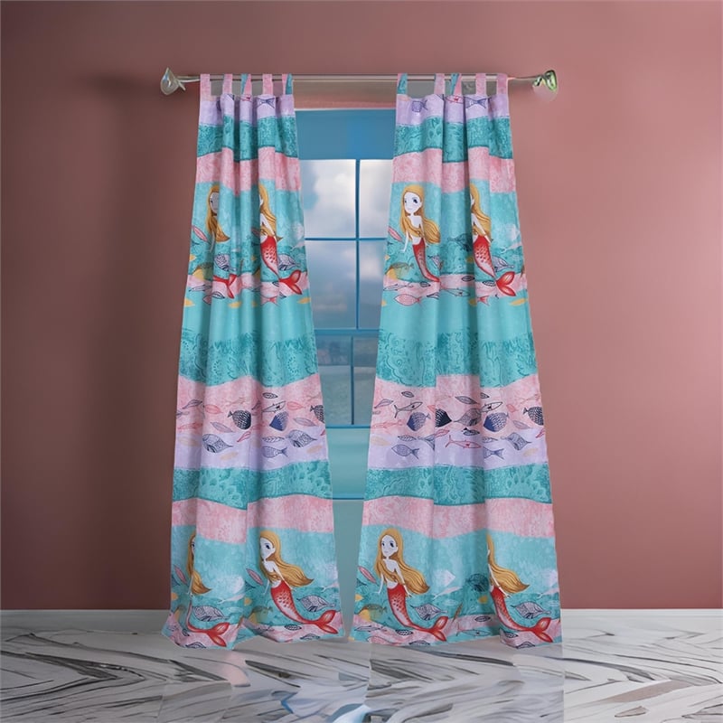 Benjara Wini 4 PC Window Curtain Panel Set- Mermaid Design- Pink- Blue Polyester