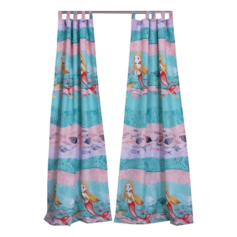 Benjara Wini 4 PC Window Curtain Panel Set- Mermaid Design- Pink- Blue Polyester