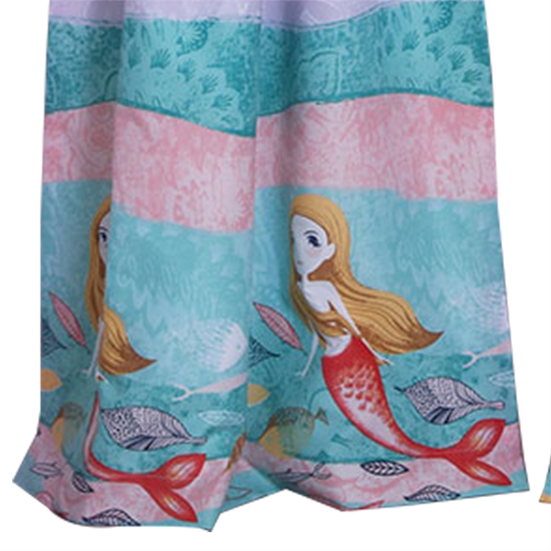 Benjara Wini 4 PC Window Curtain Panel Set- Mermaid Design- Pink- Blue Polyester