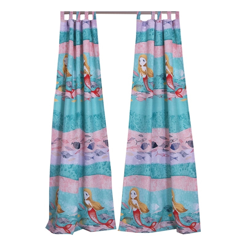 Benjara Wini 4 PC Window Curtain Panel Set- Mermaid Design- Pink- Blue Polyester