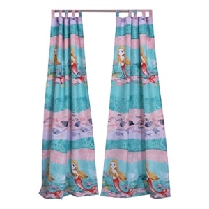 Benjara Wini 4 PC Window Curtain Panel Set- Mermaid Design- Pink- Blue Polyester