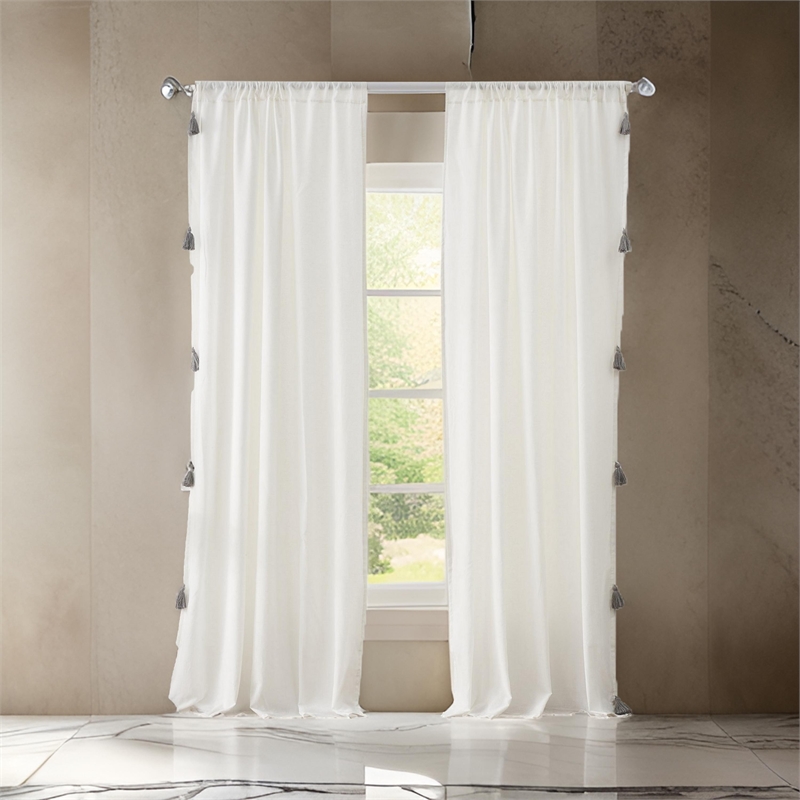 Benjara Xumi 4 PC Window Curtain- 2 Panels with Tie Backs- Antique White Finish