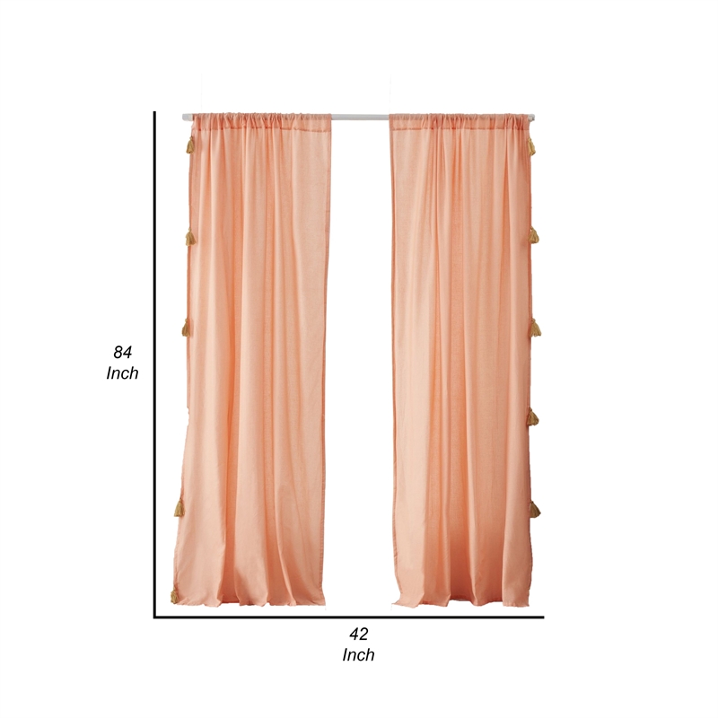 Benjara Xumi 4 Piece Window Curtain- 2 Panels with Tie Backs- Coral Pink Finish
