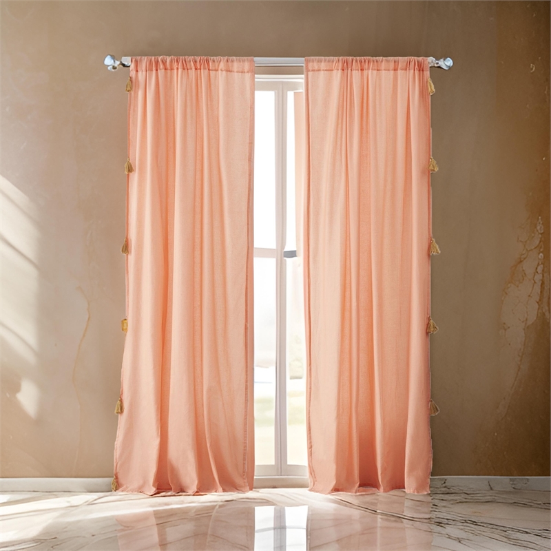Benjara Xumi 4 Piece Window Curtain- 2 Panels with Tie Backs- Coral Pink Finish