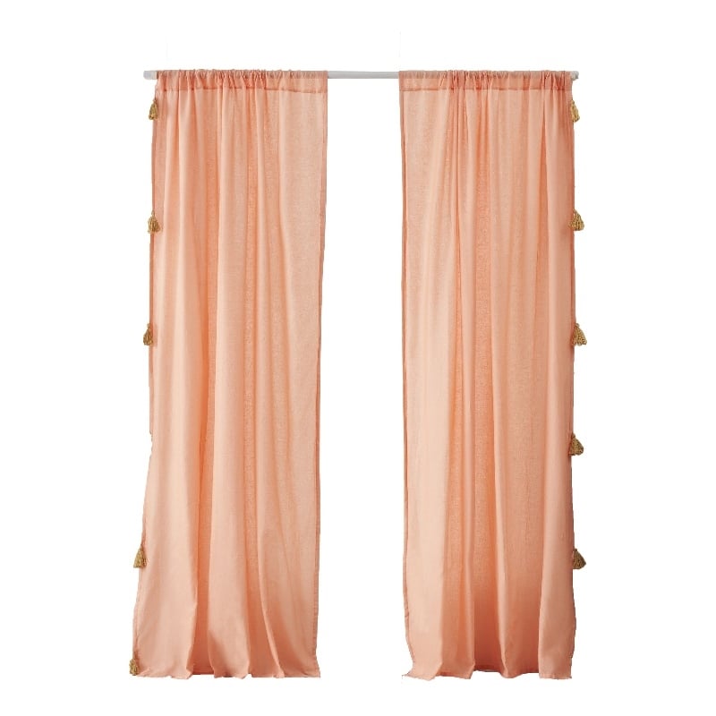Benjara Xumi 4 Piece Window Curtain- 2 Panels with Tie Backs- Coral Pink Finish