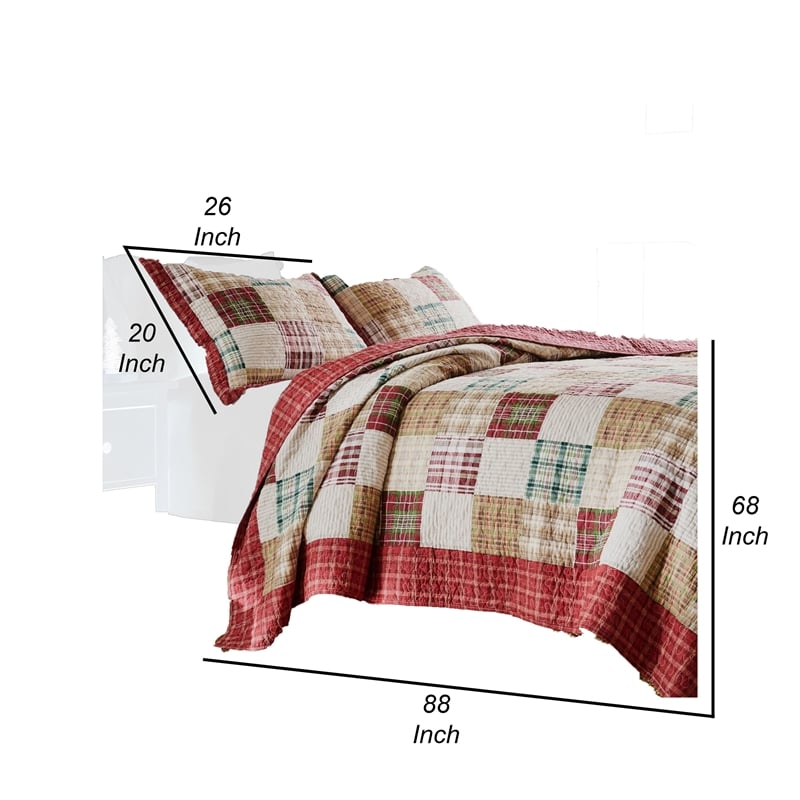 Benjara Evi Twin Quilt Set with 1 Pillow Sham- Multicolor Patchwork