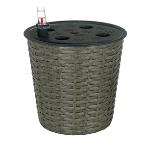 Benjara Wiki 10&quot Self Watering Planter- Intricately Hand Woven Wicker- Gray