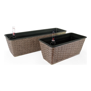 Benjara Wiki 23&quot Self Watering Planter Set of 2- Hand Woven Wicker- Brown