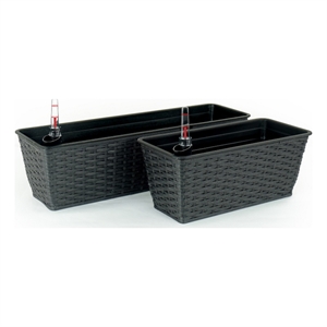 Benjara Wiki 23&quot Self Watering Planter Set of 2- Woven Wicker- Espresso Brown