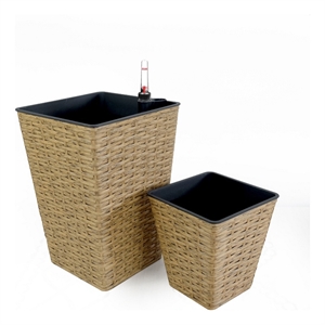 Benjara Aly 14&quot Self Watering Planter Set of 2- Hand Woven Natural Brown Wicker