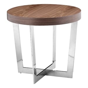 Benjara Tini 24&quot Side End Table- Round Shaped Top- Metal Frame- Walnut Brown