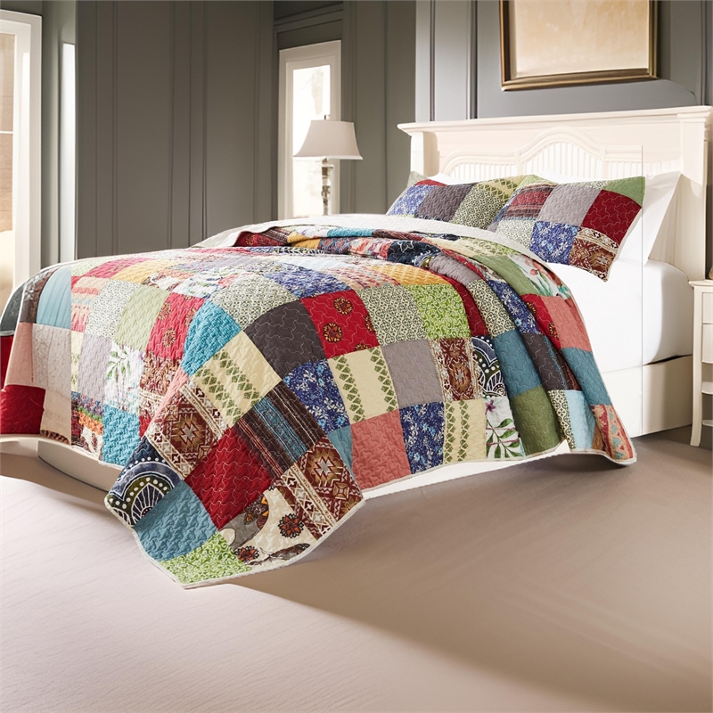 Benjara Lily 2 Piece Twin Quilt Set with Pillow Sham- Multicolor Patchwork