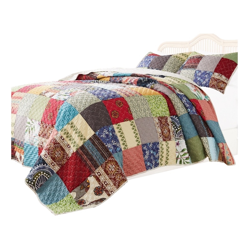 Benjara Lily 2 Piece Twin Quilt Set with Pillow Sham- Multicolor Patchwork
