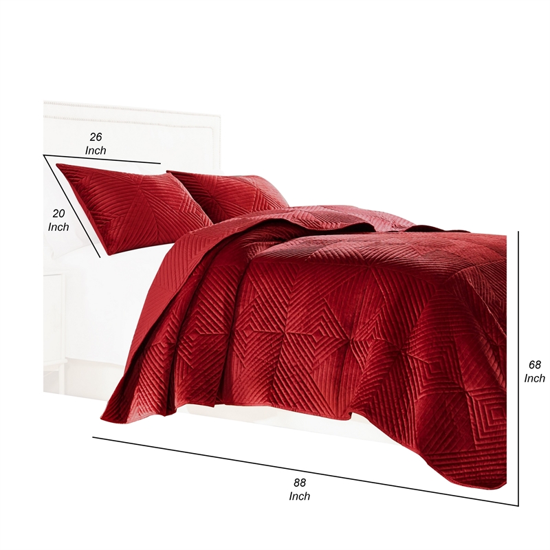 Benjara Ahab 2 Piece Twin Quilt Set with 1 Pillow Sham- Dutch Velvet Face- Red