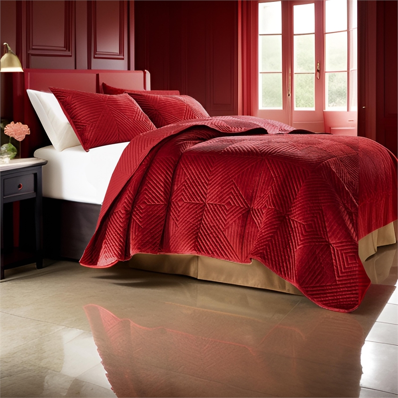 Benjara Ahab 2 Piece Twin Quilt Set with 1 Pillow Sham- Dutch Velvet Face- Red