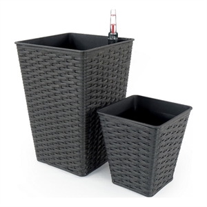 Benjara Aly 14&quot Self Watering Planter Set of 2- Hand Woven Wicker- Brown