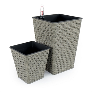 Benjara Aly 14&quot Self Watering Planter Set of 2- Hand Woven Wicker- Gray