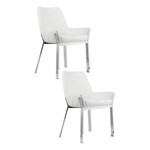 Benjara Fuma 23&quot Set of 2 Dining Chairs- Foam Fill- White Faux Leather- Silver