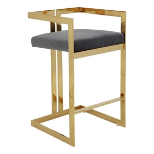 Benjara Zie 30&quot Barstool Chair- Gray Velvet Padded Seat- Gold Steel Finish
