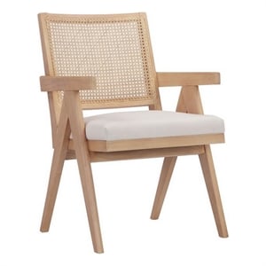 Benjara Isha 24&quot Armchair with Cane Back- Off White Velvet- Brown Wood Frame