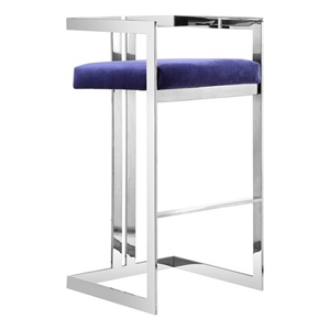 Benjara Suki 30&quot Cantilever Barstool Chair- Foam Navy Blue Velvet- Silver Frame