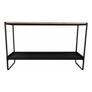 Benjara Evon 39&quot Console Table- Natural Brown Wood Top & Shelf- Black Metal