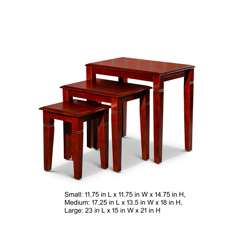 Benjara 3 Piece Nesting Side Accent Table Set- Sleek Carved Cherry Brown Wood