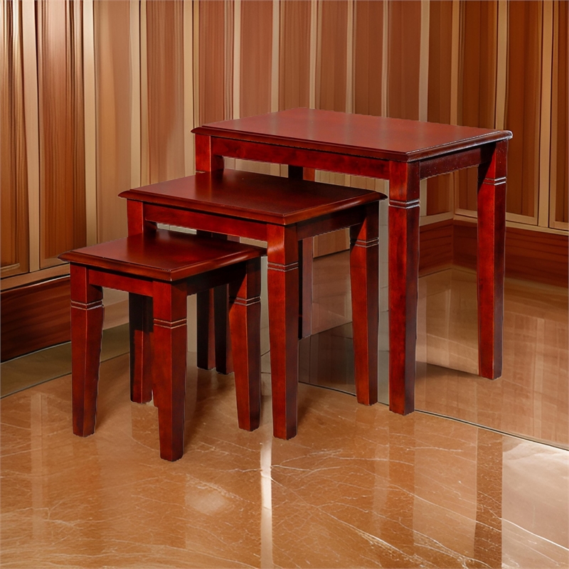Benjara 3 Piece Nesting Side Accent Table Set- Sleek Carved Cherry Brown Wood