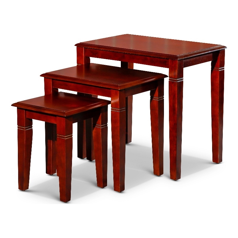 Benjara 3 Piece Nesting Side Accent Table Set- Sleek Carved Cherry Brown Wood