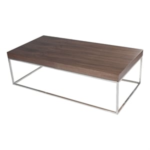 Benjara Zen 48&quot Coffee Table- Rectangular- Chrome Base- Walnut Brown Wood Top