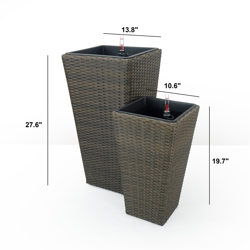 Benjara Aly Tall Self Watering Planter Set of 2-Hand Woven Wicker-Espresso Brown