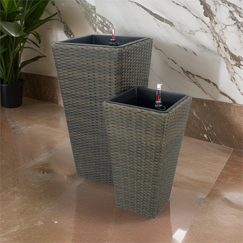 Benjara Aly Tall Self Watering Planter Set of 2-Hand Woven Wicker-Espresso Brown