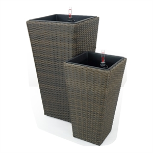 Benjara Aly Tall Self Watering Planter Set of 2-Hand Woven Wicker-Espresso Brown