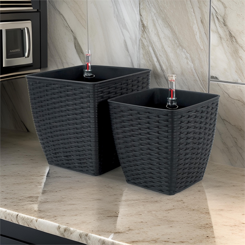 Benjara Aly Self Watering Planter Set of 2- Hand Woven Rattan- Espresso Brown